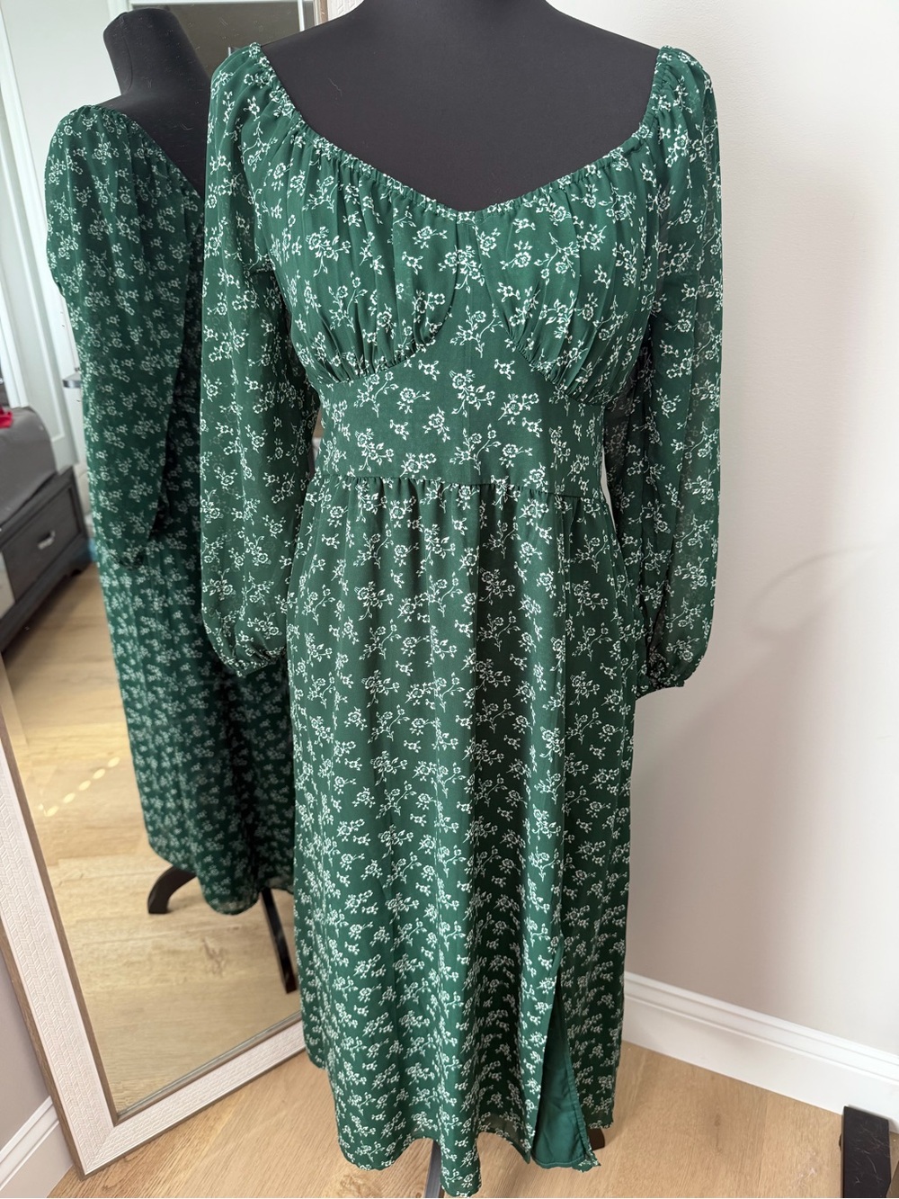 Holster Green Floral Long Sleeve Midi Dress - Off Shoulder